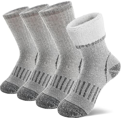 MOSEY KOSY 4 Pairs Kids Merino Wool Walking Hiking Socks Boys Girls Toddlers Thermal Winter Warm Boot Thick Cushion Snowboarding Socks(Grey,8-12 Years)