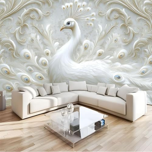 Papel Tapiz Fotográfico, Papel Tapiz Blanco pavo real 3D arte barroco Mural, 400Anx280Al cm Cafe Restaurant Dormitorio Decoración para el Hoga Murales Pintado Fotomural