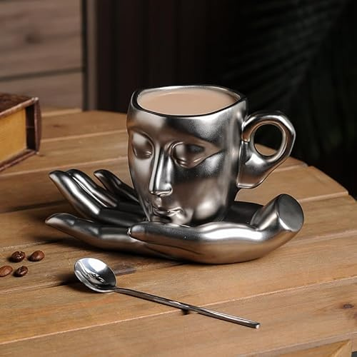 SJTJSPX Ensemble Tasses à Expresso en Céramique avec Soucoupes,Tasses à Café 260ML,Tasse Cappuccino Vintage Créatif Motif 3D Visage ET Mains,Tasse Mug pour Thé, Céréales, Petit-Déjeuner,Latte,Moka