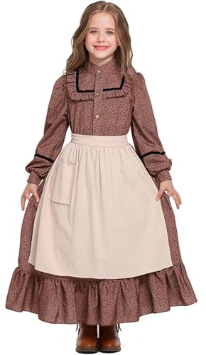 Dirndl - Vestito lungo da bambina, a maniche lunghe, 2 pezzi, colore marrone, con grembiule, stile Oktoberfest, costume da Dirndl per bambini, per carnevale, Halloween, feste