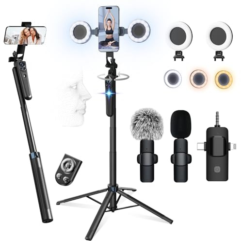 Vlogging Kit for iPhone/Android, No APP 63”Auto Face Tracking Tripod for iPhone with Light, Microphones, Scrolling Remote Control for TikTok, Content Creator Kit for YouTube Starter Live Streaming