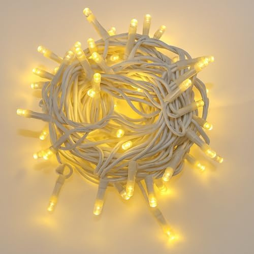 Elektronova Catena Luminosa 100 LED, 10Mt, Luce Giallo, Cavo Bianco, IP65, Prolungabile, Effetto Flash, ghirlanda nataliza, negozi, balcone