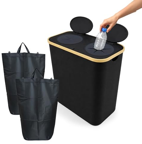 Relaxdays Recycling Bottle Bin, 140L, Holds 60 Bottles, 2 Bags, Glass & Plastic Collector, 68.5×57×37 cm, Black