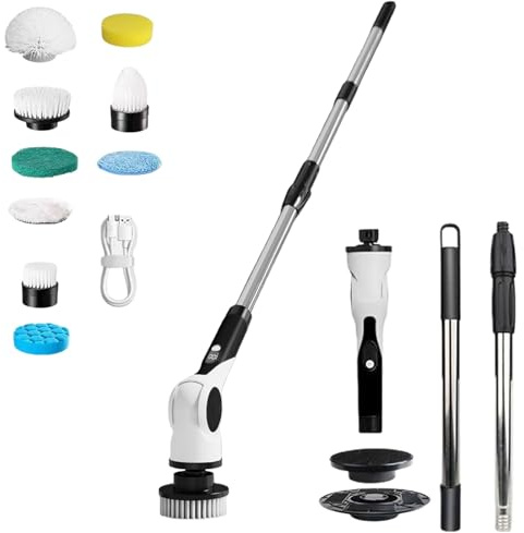 Cepillo de limpieza eléctrico, 3 velocidades, cepillo eléctrico con 9 cabezales de cepillo y mango ajustable, IPX7, resistente al agua, cepillo de limpieza con batería para baño, azulejos, cocina