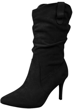 Womens Mid Calf High Heel Boots Stiletto Heel, Women's Suede Slouch Mid Calf Boots Pointed Toe Classic Elegant Stilettos Wide-Calf Pull on Ruched Heel Booties Versatile Dress Party Traveling Footwear