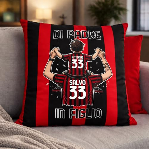 D&Vlab Cuscino in Velluto Quadrato con Morbida Imbottitura di Padre in Figlio Personalizzato con Nome per papà Tifosi Calcio Squadre Ultras Rosso Neri Milanisti