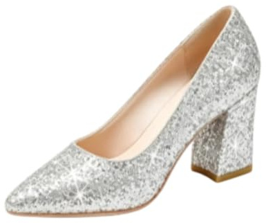 Genérico Zapatos Tacón Ancho Brillantina Mujer Punta Fina Fiesta Matrimonio