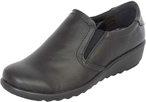 Cushion Walk Women's Ladies Lightweight Black Faux Leather Slip-on Low Wedge Shoes with Elastic Side Panels and Massage Insock, Casual Work Office Comfort Shoes