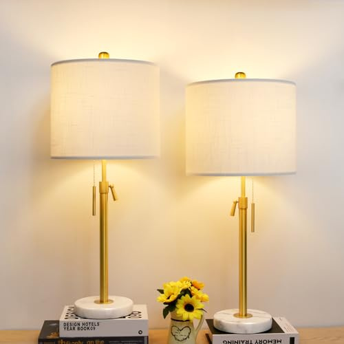 Qingmiao Gold Table Lamps Set of 2, 22 to 30 Adjustable Nightstand Lamps for Bedroom, Dimmable End Table Lamps for Living Room Console Entry Farmhouse Home Decor, New House Warming Gifts