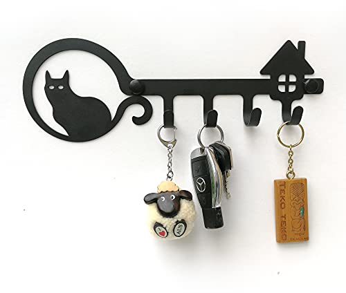 ELFSELF® Schlüsselbrett für die Wand - für Tierliebhaber & Naturfreunde - Mit dem Schlüsselboard alles ordentlich organisiert - 4 Aufhänger Schlüsselablage schwarzes Metall (Katze)