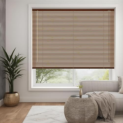 Walnut - Wood Grain Effect PVC Venetian Blinds - Width 180cm x Drop 150cm | Child Safe Easy Fit Trimmable Fittings Tilt Control Wand Mechanism - Privacy shutters Perfect for Home offices Window Blind
