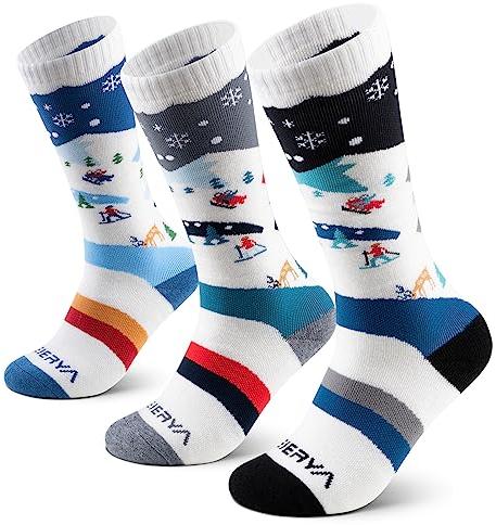 WEIERYA Kinder Wolle Skisocken,Thermo Socken, Skiing Snowboard Socken für kinder Jungen Mädchen, 3 Paar Hell Blau Schwarz Grau M 3 Pair