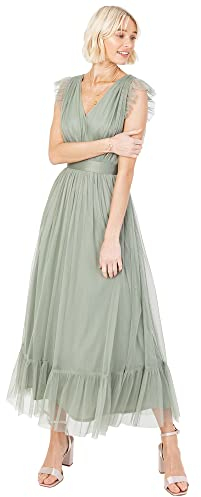 Anaya With Love Damen Ladies Maxi Dress For Women V Neckline Sleeveless Frilly Wedding Guest Bridesmaid Prom Long High Empire Waist Tiered Kleid, Frosted Green, 46 EU