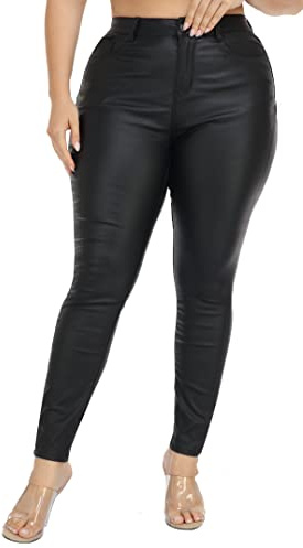 WAYRUNZ Womens High Waisted Stretch Faux Leather Pants PU Coated Legging Juniors Plus Size (059-BLACK-18)
