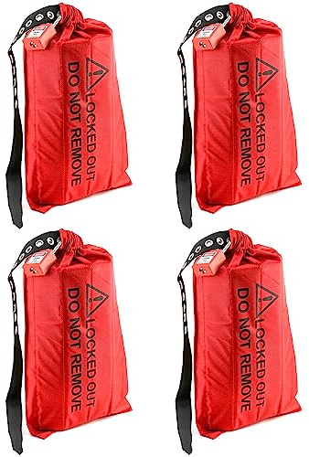 QWORK Lockout Tagout Plug Cover, 4 Pack 10 x 17 Inch Oversized Electrical Connector & Hoist Control Bag â Heavy Duty Cinch Sack for Industrial Safety, Construction & Machinery â Warning Pouch