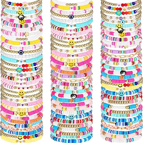 Equsion 100 Pcs Preppy Friendship Bracelets for Women Heishi Surfer Clay Stackable Bead Easter Boho Y2k Bracelets Gifts(Mixed Style)