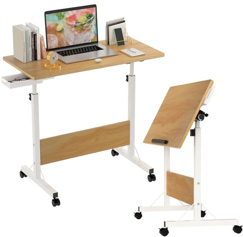 Rullande soffbord för dator, hopfällbart skrivbord höjdjusterbart datorbord 80 x 40 cm med 4 hjul fällbart kontorsbord med liten låda för sovrum (träfärg)