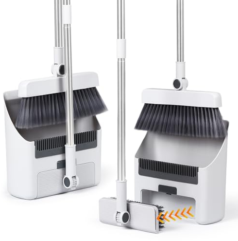 CIWEI Broom with Dustpan Combo Set, Brooms for Sweeping Indoor and Outdoor 3 in 1 Long Handle Broom and Dustpan Set Push Broom Heavy-Duty for Home Cleaning Bathroom Kitchen