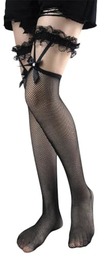 KABAKE Lace Top Fishnet Stockings Sexy Mesh Thigh High Pantyhose Women Tight Hosiery Bow Suspenders Hold up Stockings (Standard, Black)