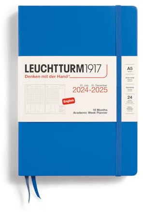 LEUCHTTURM1917 370729 Agenda académica semanal 2025, tamaño mediano A5, tapa dura, calendario de 18 meses, a rayas, cielo, inglés