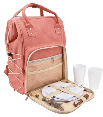 Les Jardins de la Comtesse - Picknick-Rucksack für 2 Personen – Rosa – komplett mit Kühlfach – robuste und leichte Teller – viele Taschen – 31 x 23 x 39 cm