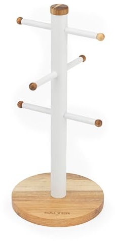 Salter BW13566WEU7 Portabicchieri Toronto – in legno di acacia per piano da cucina, espositore a 6 diramazioni per tazze da caffè/tazze da tè, rack di stoccaggio indipendente in acciaio, bianco