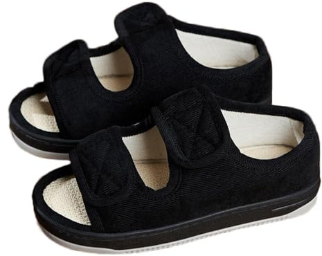 Pantofole gonfie per diabetici da uomo, vestibilità larga, con punta aperta, extra larghe, per edema, regolabili, comode, per anziani, antiscivolo, per casa e per interni, Nero, 41-42 EU