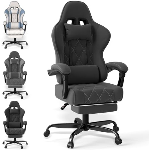 TRIUMPHKEY Silla Gaming LED de Tela, Silla de Juegos con Masajeador, Silla de PC con Reposacabezas, Silla Oficina Ergonómica con Reposapiés para Oficinas y Juego (Gris Oscuro)