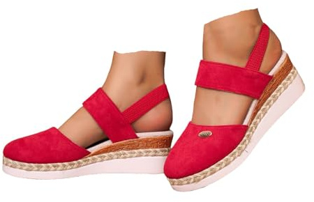 VBEDKDEB Zapatos de cuña para mujer Elegante Cuero Cómodas Alpargatas Frente Cerrado Antideslizante Elástico Slingback Sandalias 2025 Verano Casual Vacaciones Viaje Sandalias con Tiras, rojo, 40.5 EU