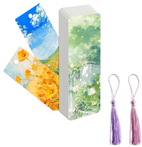 Segnalibri ad Acquerello,Carta Acquerello,50 Fogli Di Carta Acquerello & 50 Pezzi Ciondoli con Nappe,DIY Segnalibro per Pittura Fai Da Te, Biglietti di Auguri,15 x 5 cm