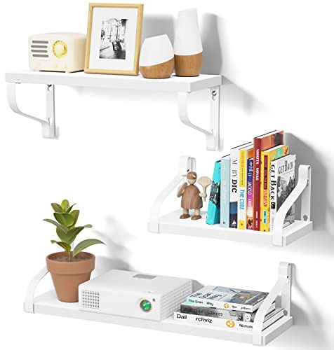 Love-KANKEI White Floating Wall Shelves with Brackets | Paulownia Wood