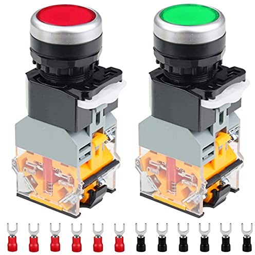 HAAMNING7 2 interruptores pulsadores momentáneos de 220 V y 22 mm, 10 A, 2 colores (rojo/verde), LA38-11DN, 1 NO, 1 NC, LED, para bricolaje, con 12 terminales de horquilla.