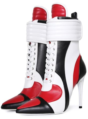 Frankie Hsu Stiletto - Botines deportivos de baloncesto de tacón alto, color negro, blanco y rojo, zapatos de diseñador de moda de gran tamaño para mujeres y hombres, Blanco, 35 EU
