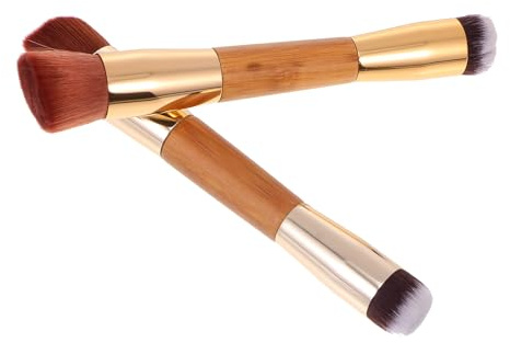 Tofficu Brocha de Maquillaje Doble Cabeza 2 Piezas Mango de Bambú, Cerdas Densas Suaves para Polvos y Rubor, Pincel para Difuminar y Base, Herramienta Profesional para Maquillaje Diario
