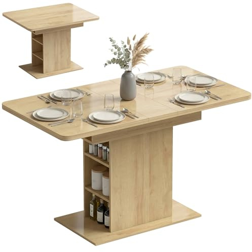 HOMCOM Esstisch, ausziehbar, rechteckig, für 4 bis 6 Personen, Küchentisch 110-130 cm mit 6 offenen Regalen und Fächern, für kleine Räume, Esszimmer, Wohnzimmer, Naturholz