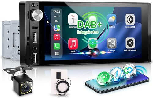 DAB+ Autoradio 1 Din Carplay Android Auto Wireless Bluetooth, 6.9'' IPS Touchscreen Stereo con Mirror Link Vivavoce Bluetooth DAB+ Radio Digitale FM Tipo-C USB EQ Controllo del Volante Retrocamera