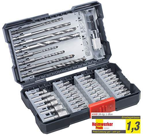 kwb 39-teilige Bohrer-Box m. Sechkant-Schaft, HSS Metallbohrer, 4 x Steinbohrer und Bits PH, PZ u. TX im Set inkl. Senker, Bithalter u. Steckschlüsselbits