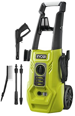 RYOBI - Hidrolimpiadora de Alta Presión 1600W, 130 Bares, 420l/h - Manguera 5m, Carrete, 2 Lanzas (1 Vario, 1 Turbo) y 1 Cepillo Multisuperficie, Depósito Detergente 0,9l - RY130PWA
