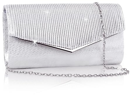 Larcenciel Damen Clutch, Glitzer Abendtasche mit Abnehmbarer Kette, Metallisch Pailletten Crossbody Handtasche, Funkelnde Elegant Damen-Umhängetaschen für Hochzeit, Bankett, Party (Silber, 23x5x12cm)