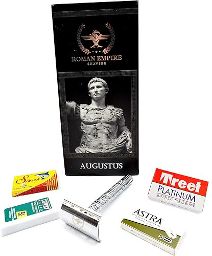 Razor Blades Club Rasoio di Sicurezza Augustus Roman Empire Shaving | Classico a Doppio Filo in Acciaio | Safety Razor + 20 Lamette (mix Astra, Derby, Shark, Treet)