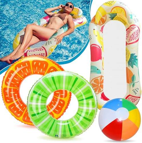 Lubibi 4 Pack Anello di Nuoto Gonfiabile, Frutta Anello di Nuoto Gonfiabile Galleggiante, Amaca Gonfiabile, Divertenti Palloni da Spiaggia, per i Giochi Estivi Bambini Adulti Piscina e Beach Party