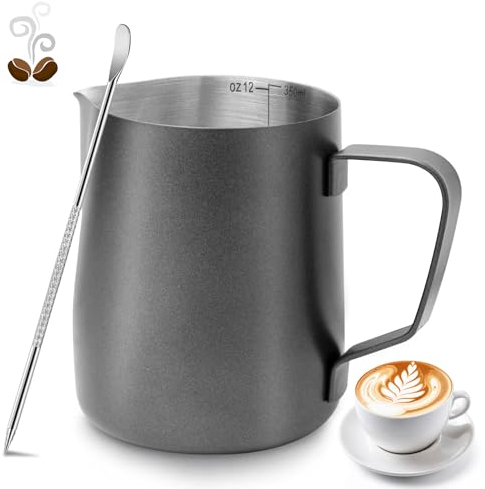 Milk Frothing Pitcher, 350ml/12oz Milk Jug for Coffee Machine, Stainless Steel Pitcher with Measurement Mark and Decorating Pen for Making Latte Art and Cappuccino, Suitable for Coffee Lovers, Black