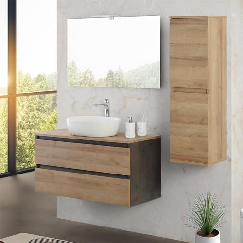 Inbagno Mobile bagno sospeso 100 cm ossido e rovere africa con top, lavabo in appoggio e specchio reversibile 60x80 cm, KLEO
