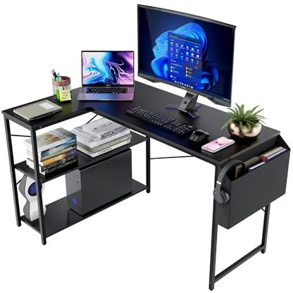 DMD Collective - Reversible L-Shaped Gaming Desk, Compact Corner Computer Table with Large Shelves, Storage Bag, Study Work Play Station for Home Office Bedroom