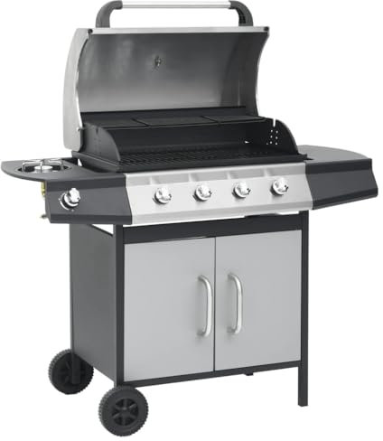Barbecue Griglia a Gas 4+1 Fornelli Nero Argento Acciaio e Inox (26,84KG)