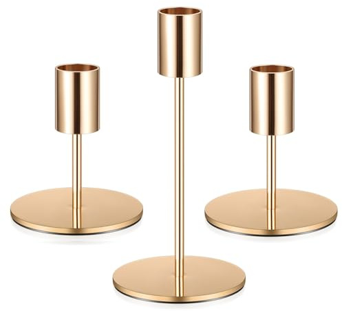 3 STK Kerzenständer Gold Kerzenhalter Stabkerzenhalter Gold, Vintage Dekorativer Metall Hoch Kerzenleuchter für Hochzeitstisch Geburtstag Party Abendessen Tischdeko, 14/8.5cm