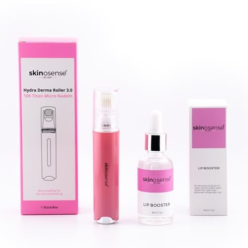 Skinosense Hydra Derma Roller 3.0 avec 105 aiguilles et sérum booster les lèvres, pour des lèvres visiblement plus pulpeuses, lisse les ridules, avec ingrédients naturels, végétalien et sans cruauté