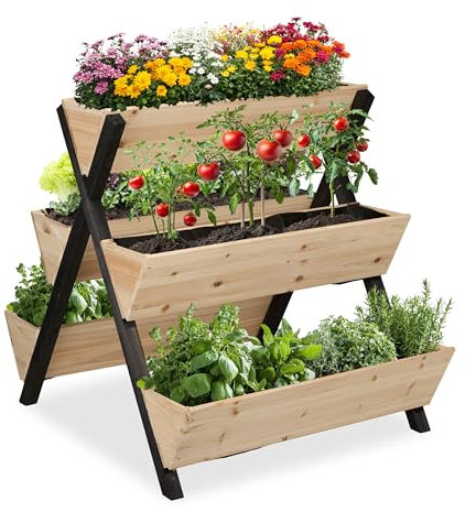 Relaxdays Vertikalbeet, Holz, HxBxT: 82 x 75 x 90 cm, Hochbeet mit 5 Kästen, Etagenbeet Balkon, Terrasse, Natur/schwarz