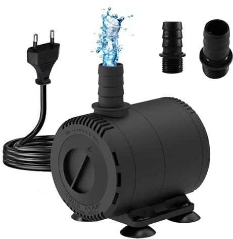 Editbar Pompa dell'acqua per acquario, 15 W, 1000 l/h, ultra silenziosa, con cavo da 1,6 m e 2 ugelli, flusso regolabile e altezza di mandata di 1,2 m, per acquari, stagni, fontane e idroponiche