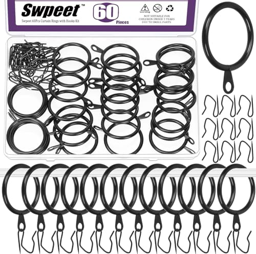 Swpeet 60Pcs 32mm / 1,3 Inre diameter Svart metall gardinring med Pin-on draperi krokar sortimentsats, Drape glidande ögon ring metall gardinring krokar, för fönster dörr dusch gardin